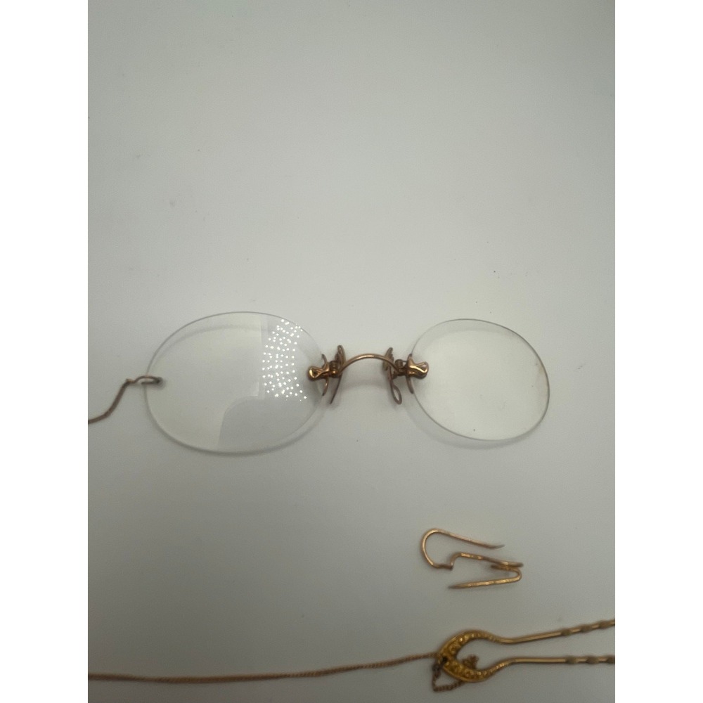 Antique Shur-On Pince-Nez Spectacles Gold Tone Oval Glasses Chain & Case